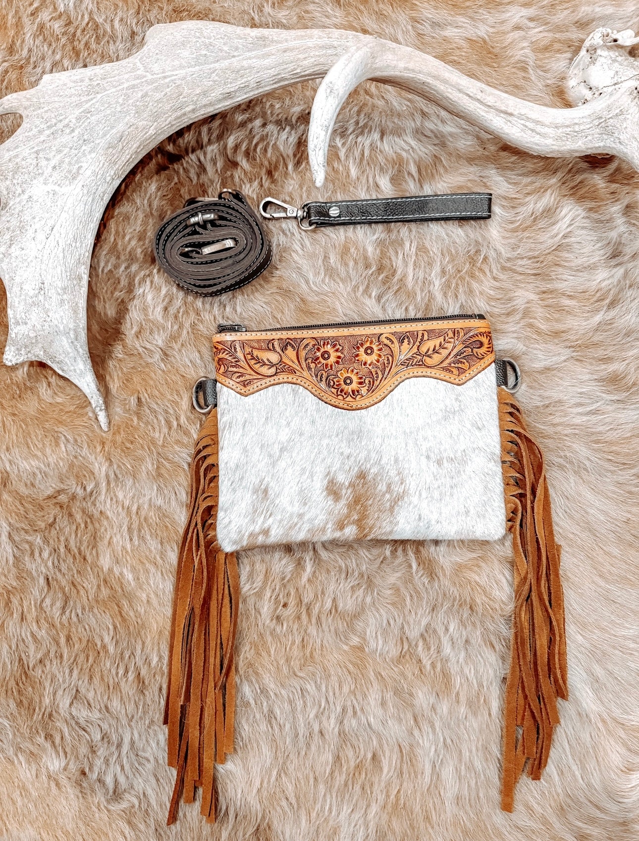 Tan Tooled Leather + Cowhide Small Tan Clutch/ Crossbody Tassel Bag