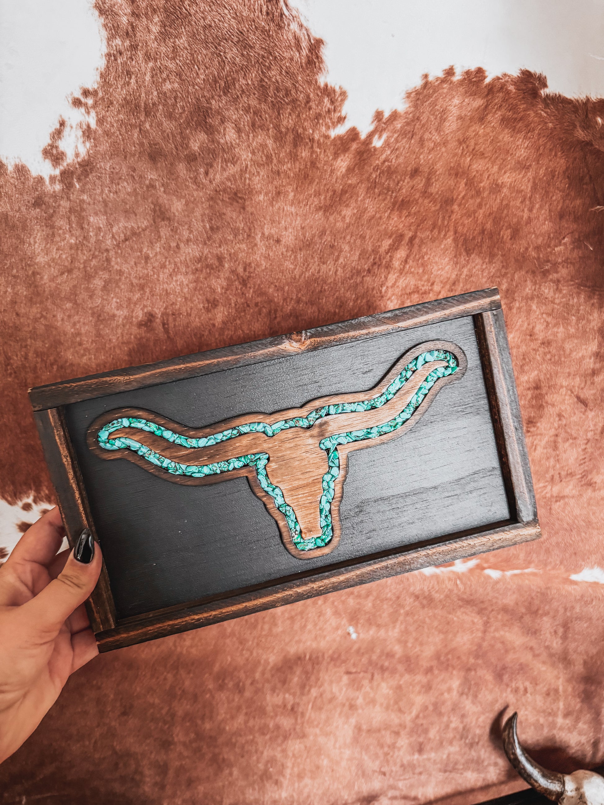 Wooden + Turquoise Inlay Bull Hardwood Timber Sign - The Western Boho Co