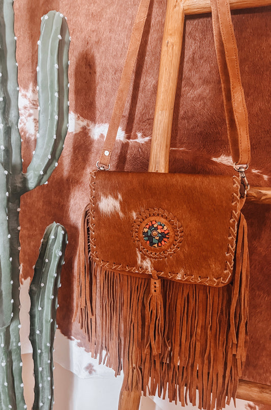 Suede Tan + Multi Colour Stone Crossbody Bag - The Western Boho Co