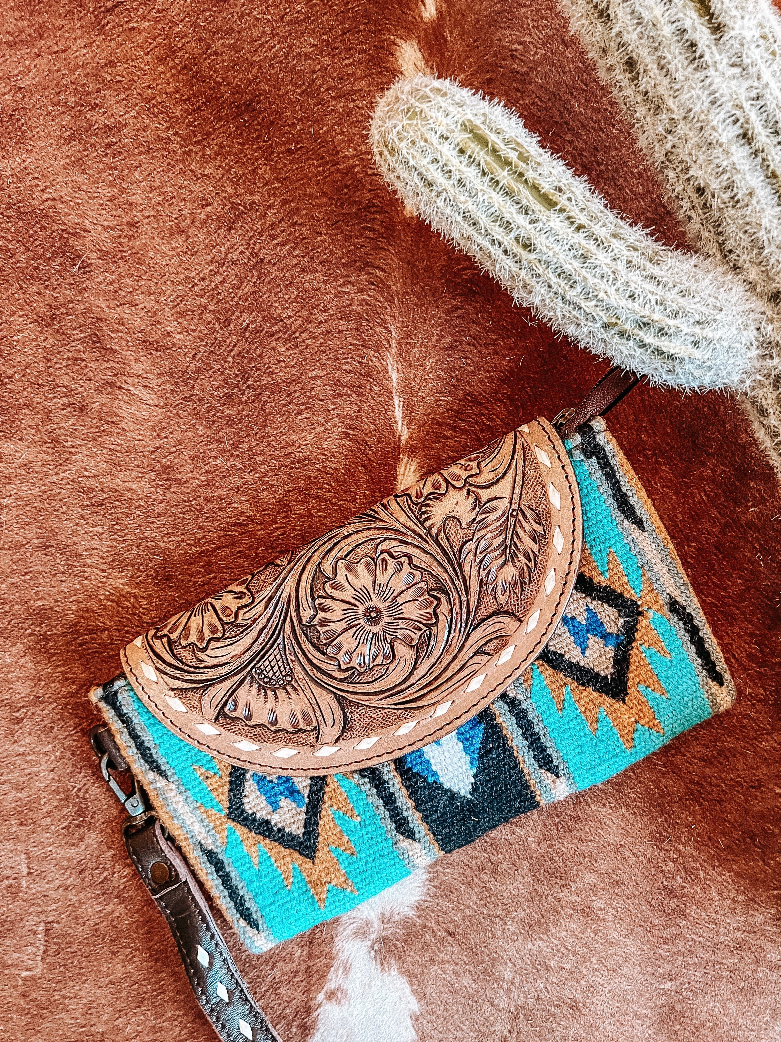 Turquoise Saddle Blanket Tooled Leather Clutch