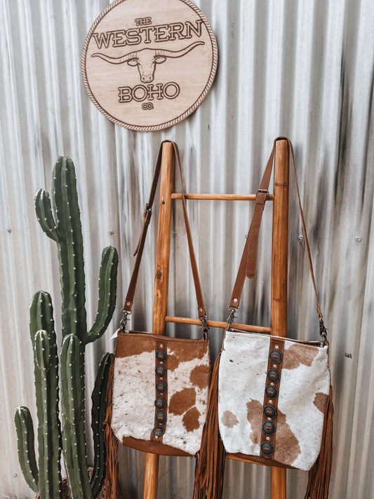 Tan Cowhide + Soft Leather Crossbody Bag W/Concho Detail - The Western Boho Co