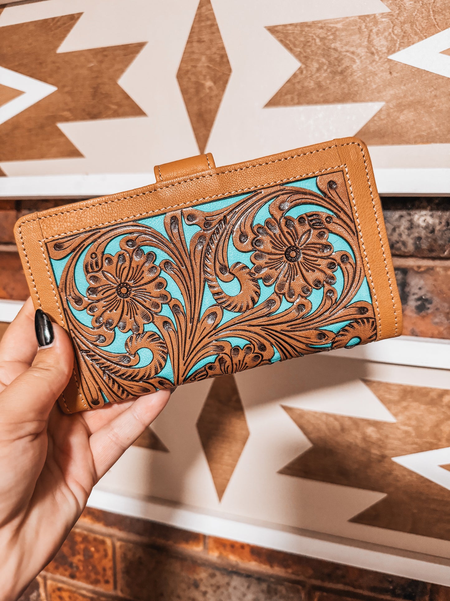 Tan + Turquoise Tooled Leather Wallet - The Western Boho Co