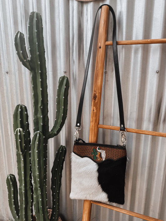 Black Cowhide + Tooled Leather Steer/Sunflower/Cactus Crossbody Bag - The Western Boho Co