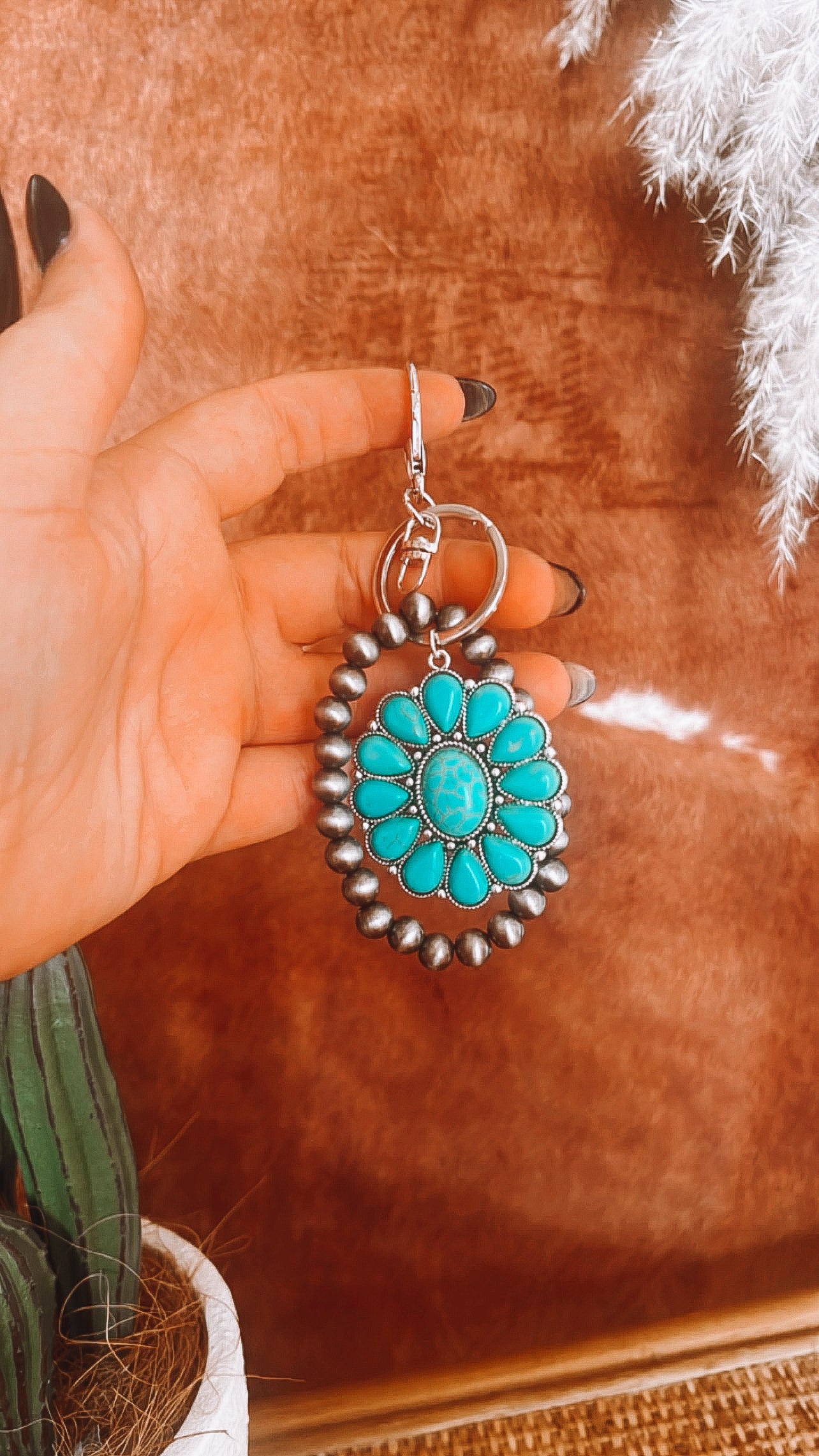 Turquoise Gem Navajo Silver Keyring - The Western Boho Co