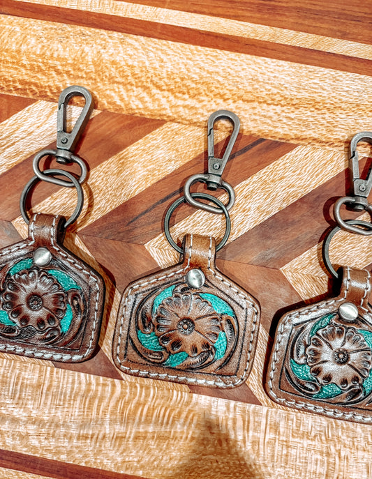 Turquoise + Brown Floral Cattle Tag Tooled Leather Keyring