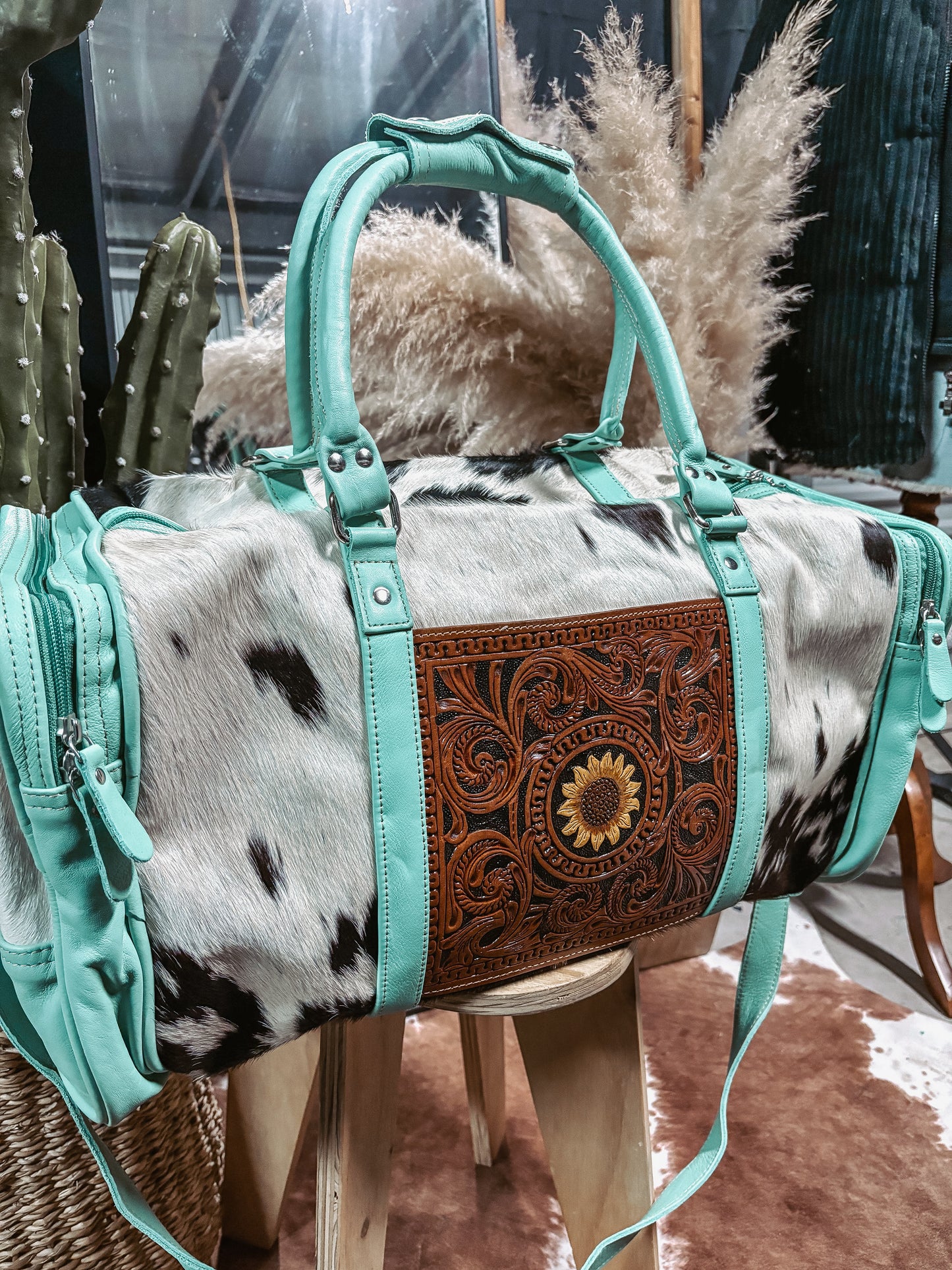 Cowhide +Sunflower Tooled Patch Turquoise Leather Weekender Bag