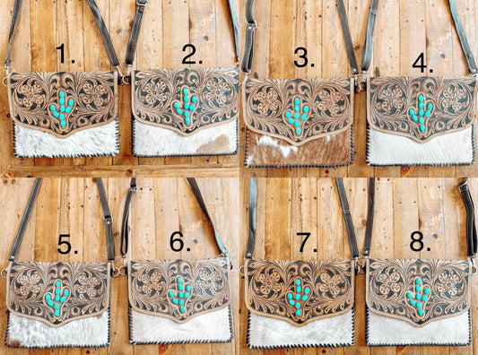 Turquoise Cactus Stone + Cowhide Stitch Crossbody Bag - The Western Boho Co