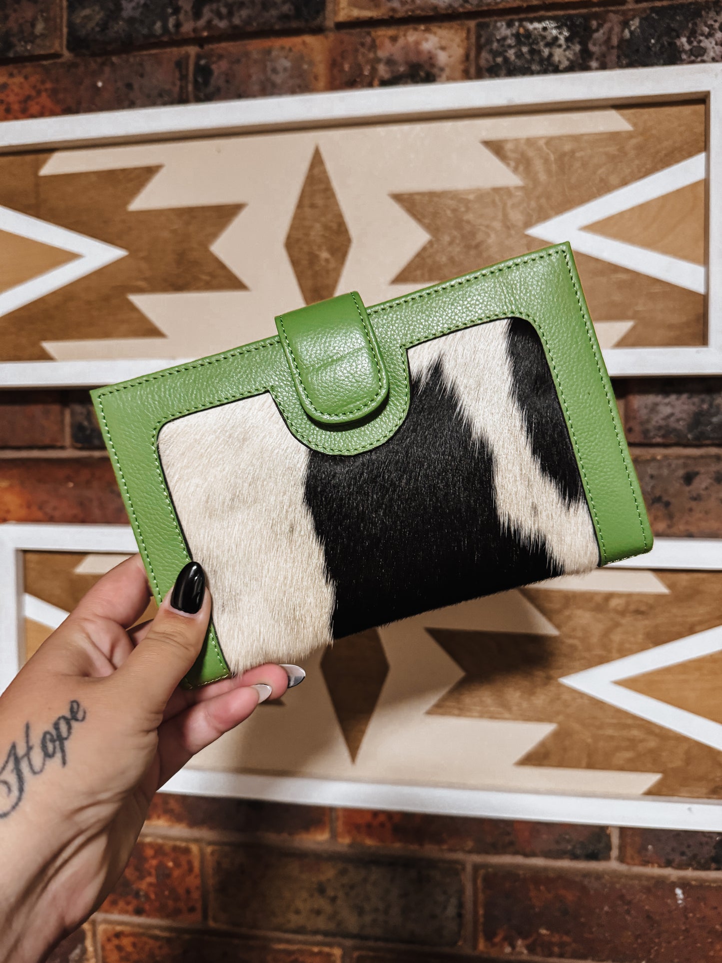 Green Leather + Black Cowhide Wallet - The Western Boho Co