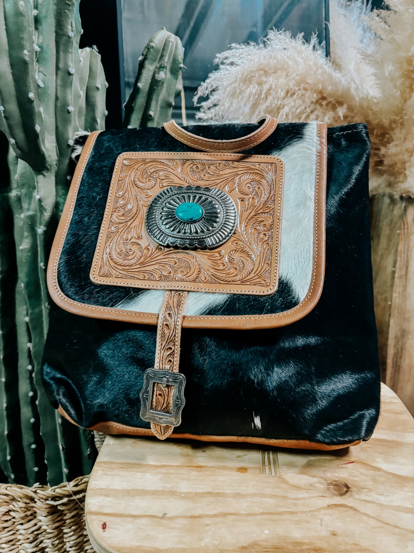 Tooled Leather + Cowhide Turquoise Concho Backpack