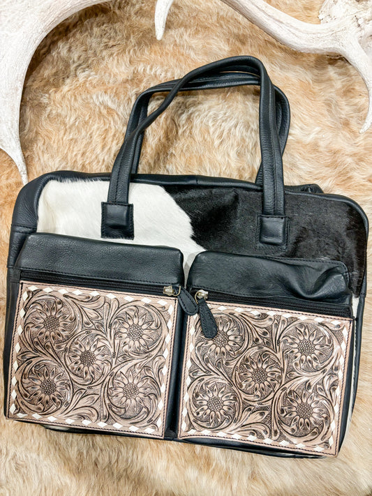 Black + Tooled Leather Cowhide Nappy/Tote Bag