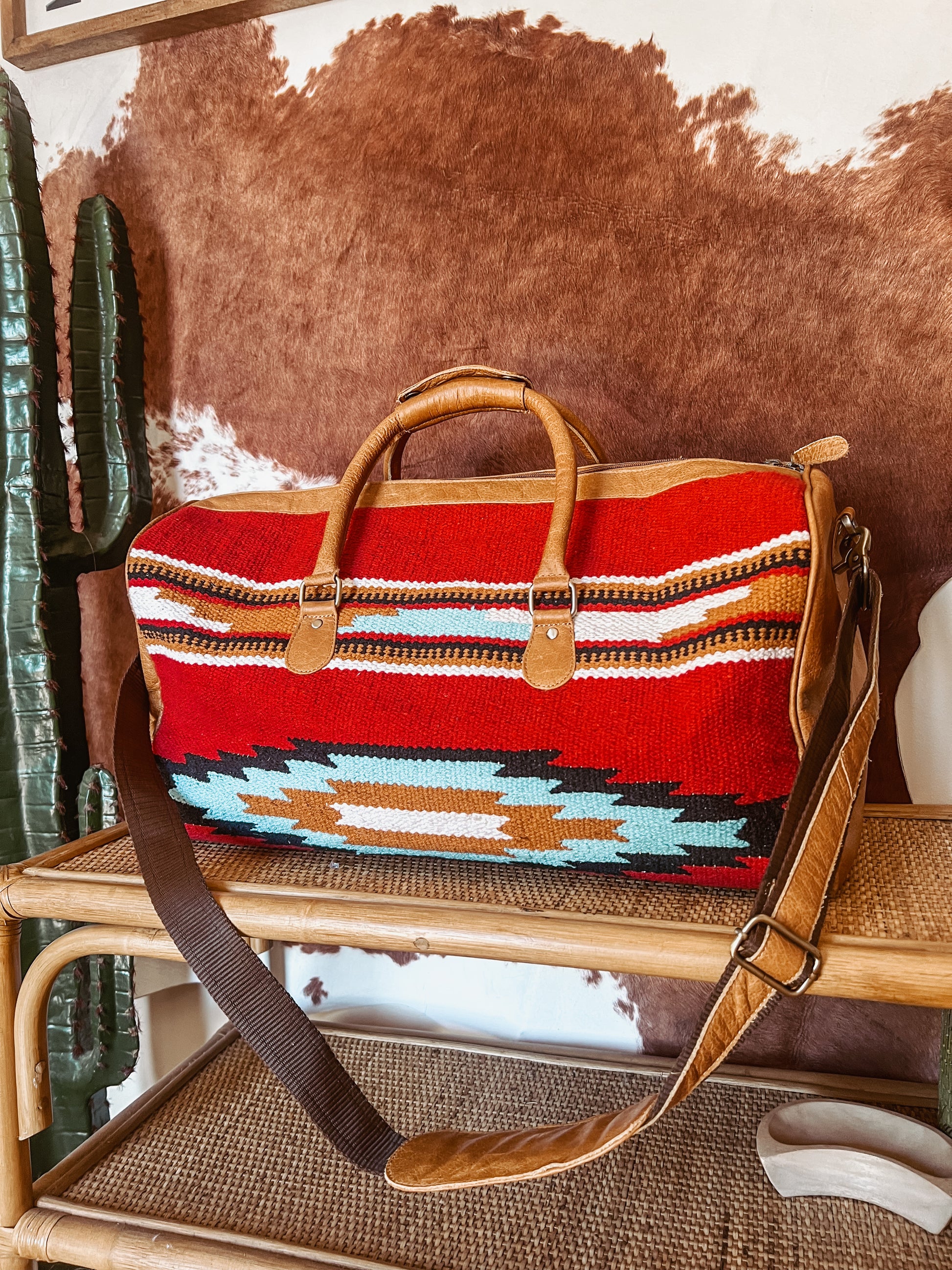 Red + Multi Colour Saddle Blanket & Leather Weekender Bag - The Western Boho Co