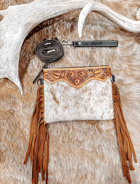 Tan Tooled Leather + Cowhide Small Tan Clutch/ Crossbody Tassel Bag