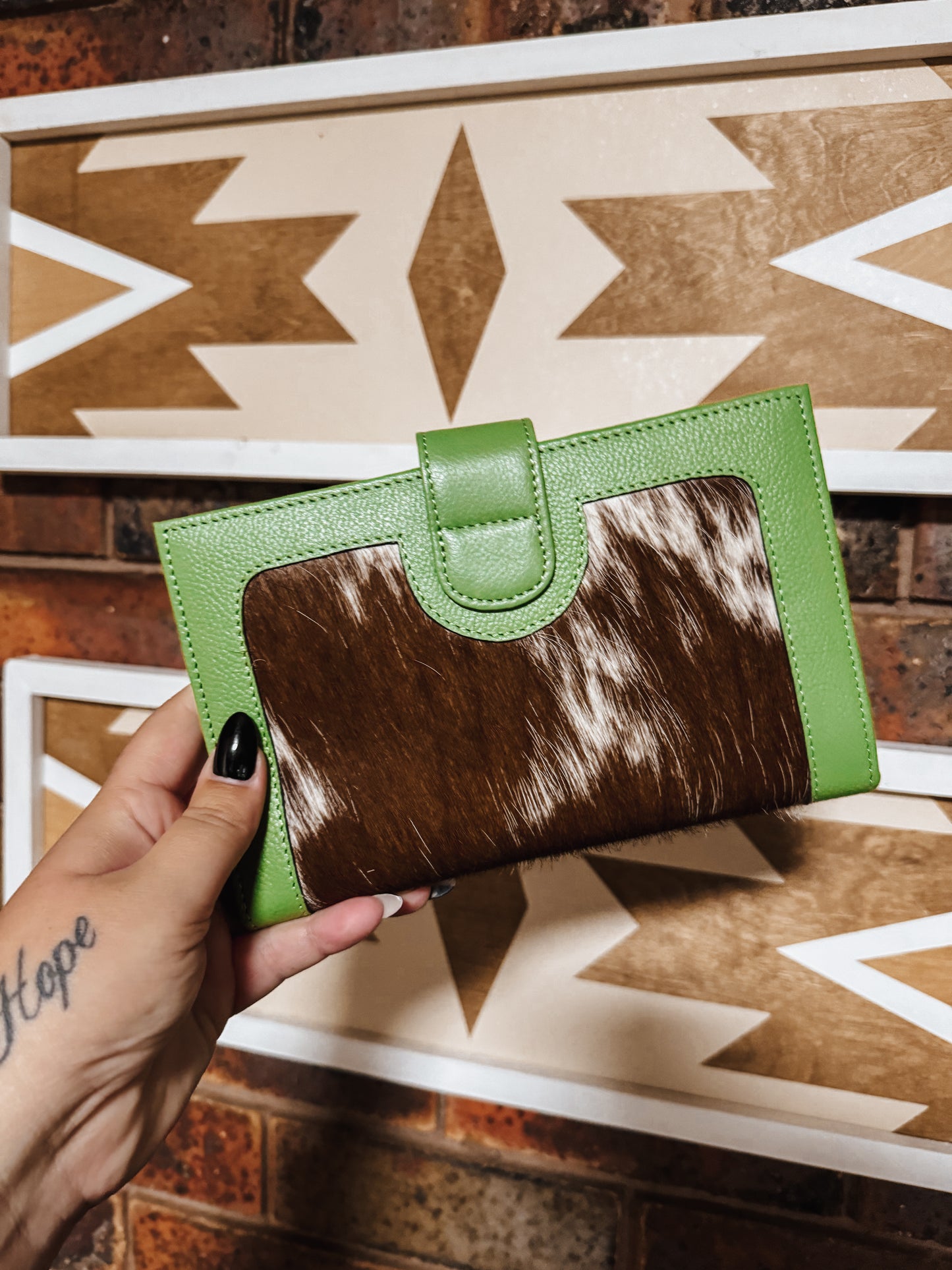 Green Leather + Tan Cowhide Wallet - The Western Boho Co