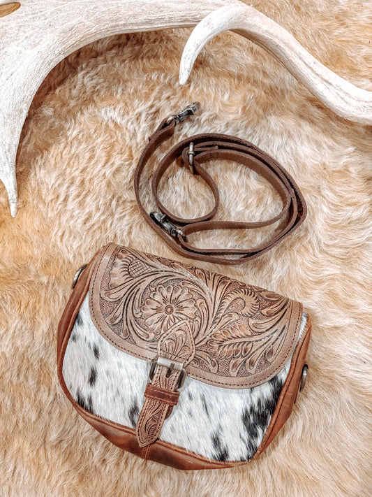 Tan + Tooled Leather Crossbody Bag