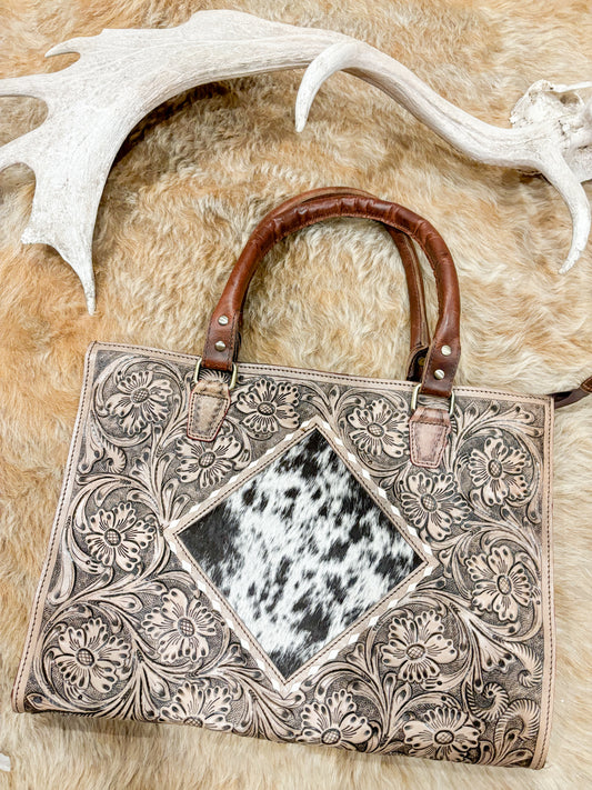 Tan + Tooled Leather Cowhide Tote Bag