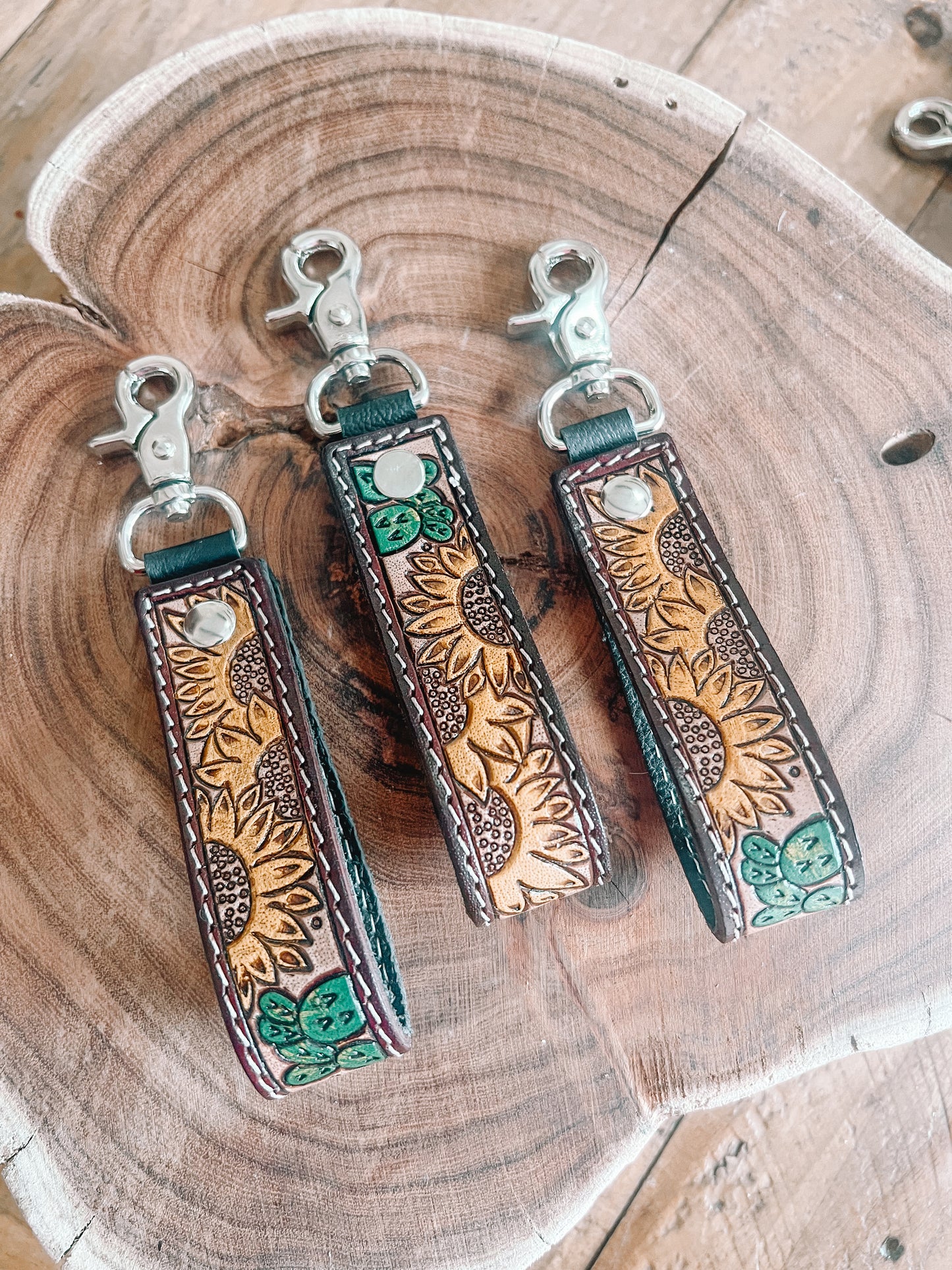 Sunflower + Cactus Tooled Leather Keyring - The Western Boho Co