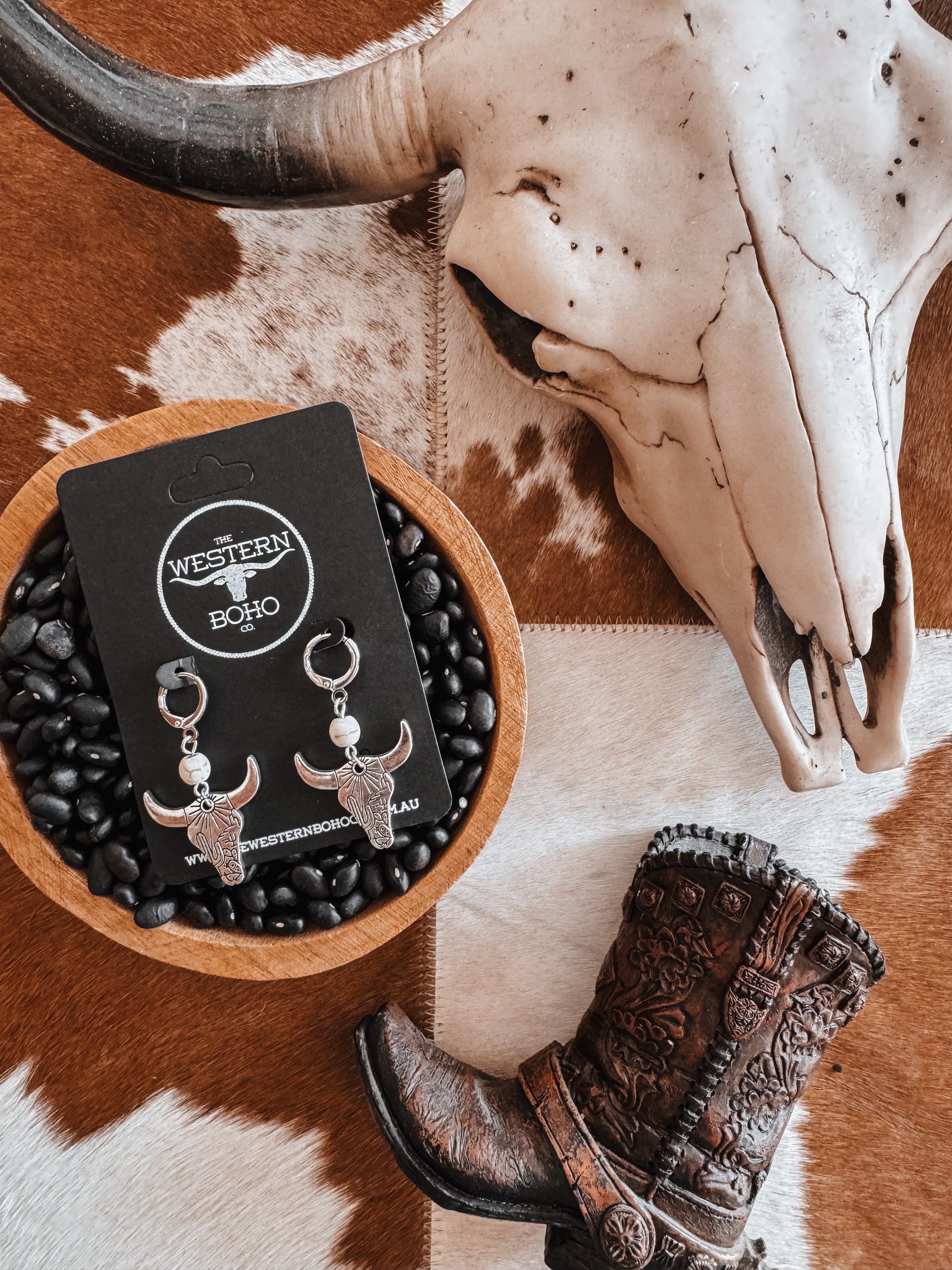 Desert White Stone & Bull Earrings - The Western Boho Co