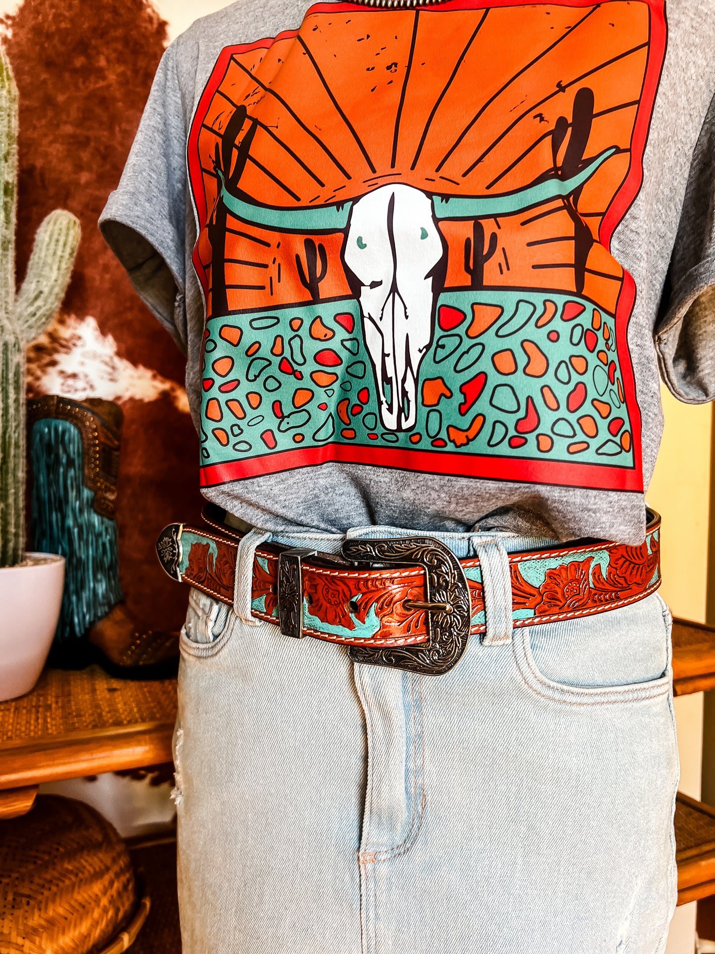 Turquoise + Brown Westen Tooled Leather Belt - The Western Boho Co