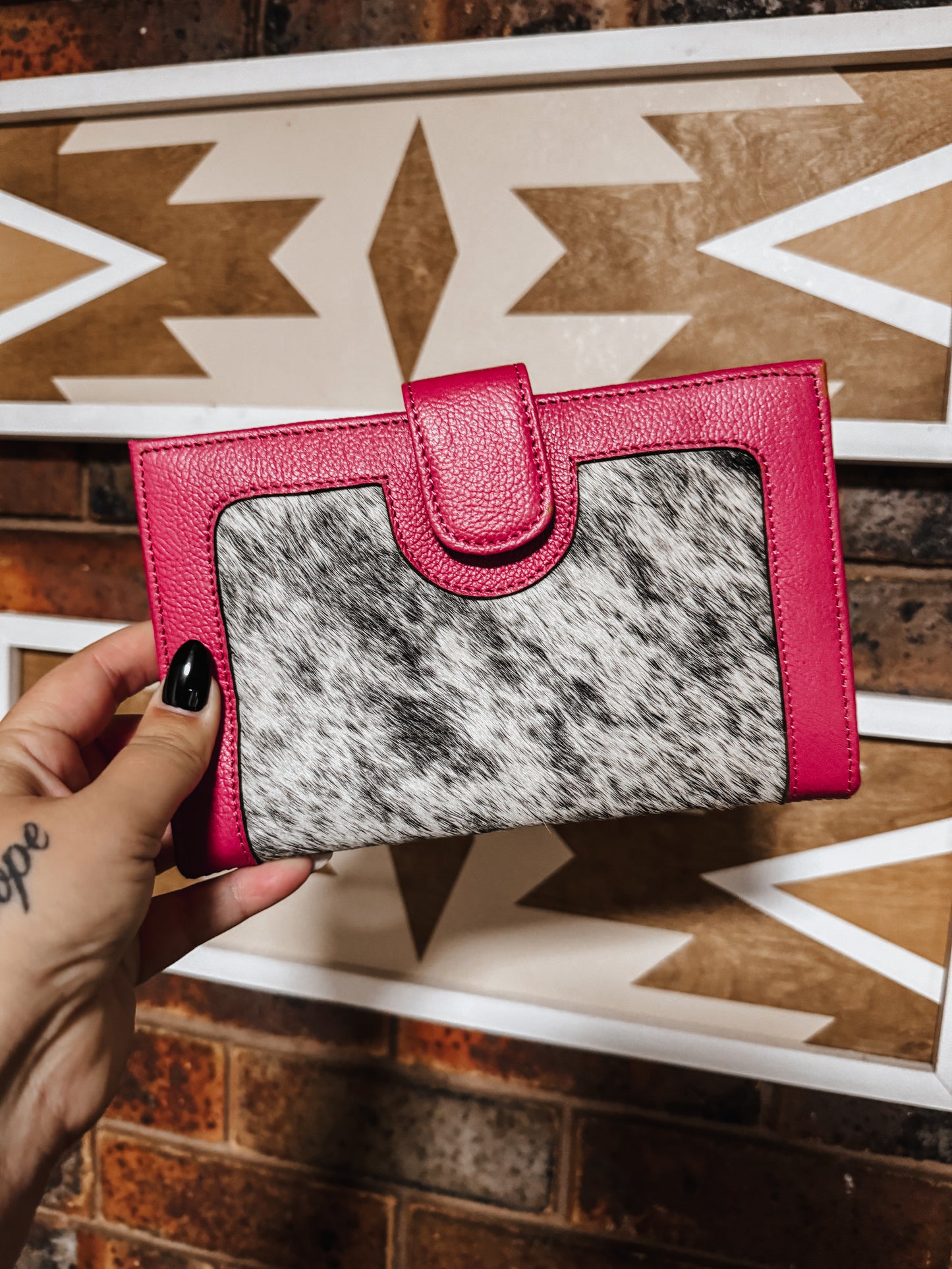 Hot Pink Leather + Black Cowhide Wallet - The Western Boho Co