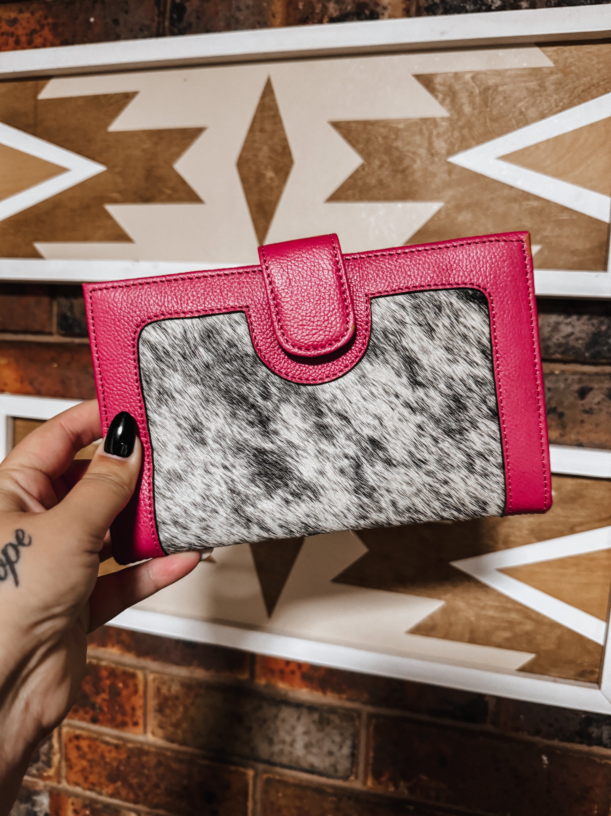 Hot Pink Leather + Black Cowhide Wallet - The Western Boho Co