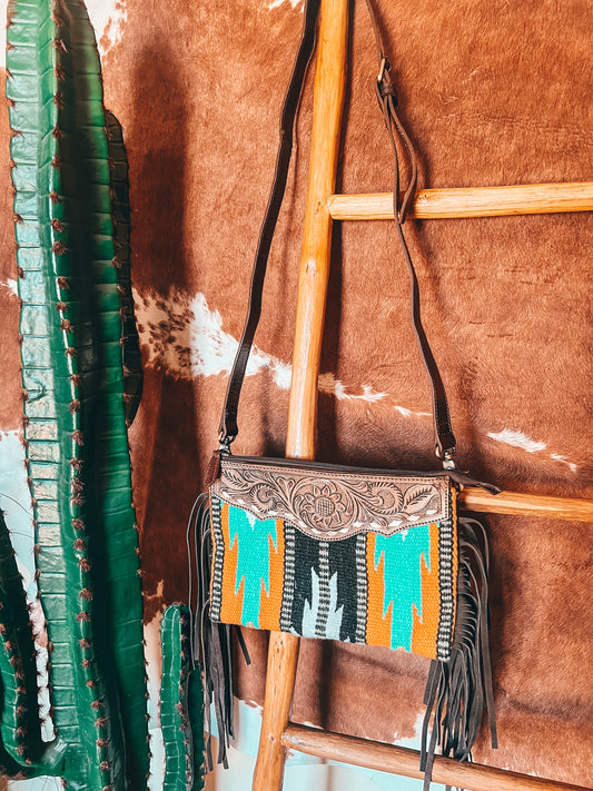 Orange + Turquoise Tooled Saddle Blanket Crossbody Bag - The Western Boho Co