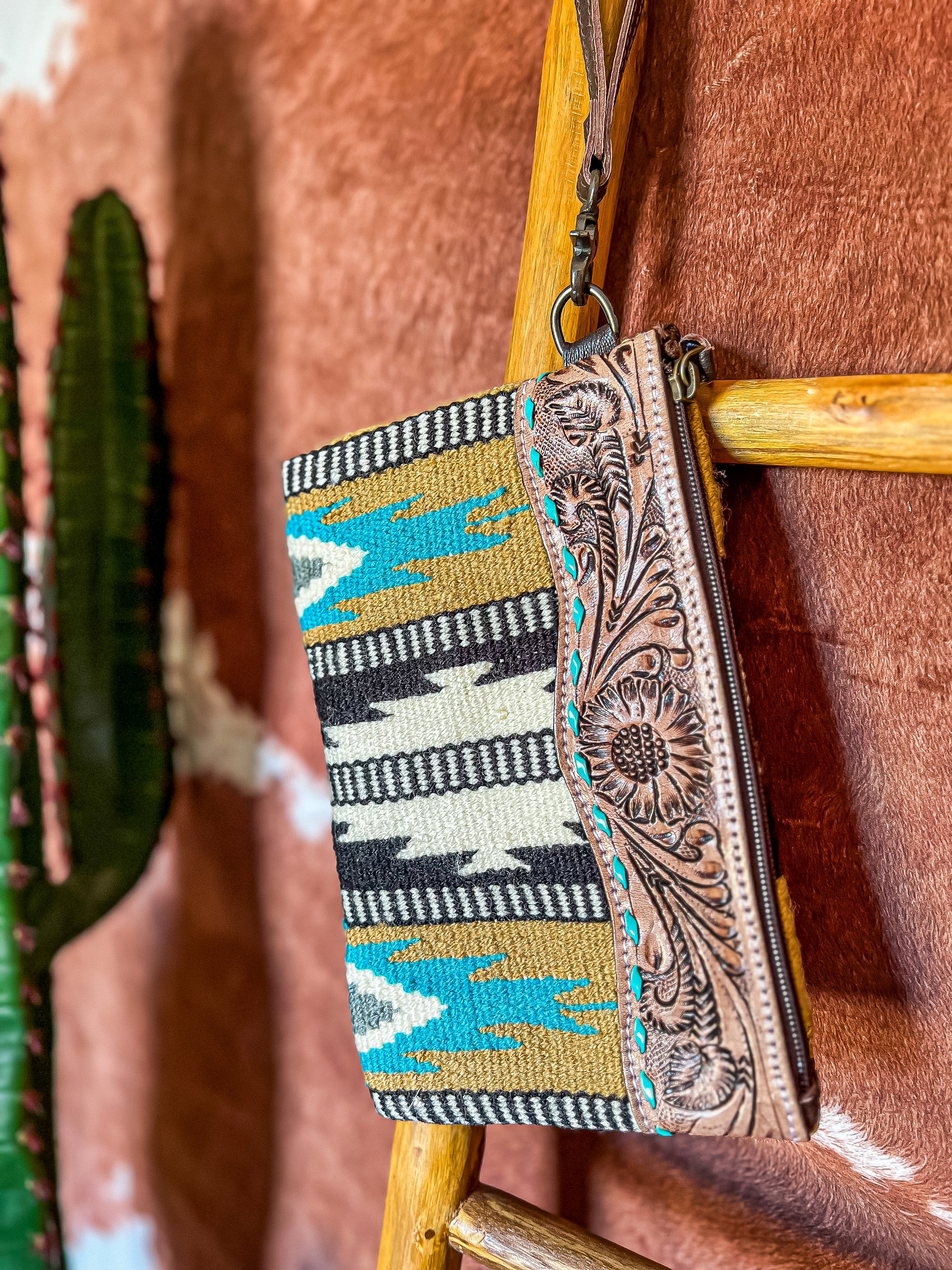 Turquoise, Brown, Black + White Saddle Blanket Clutch - The Western Boho Co