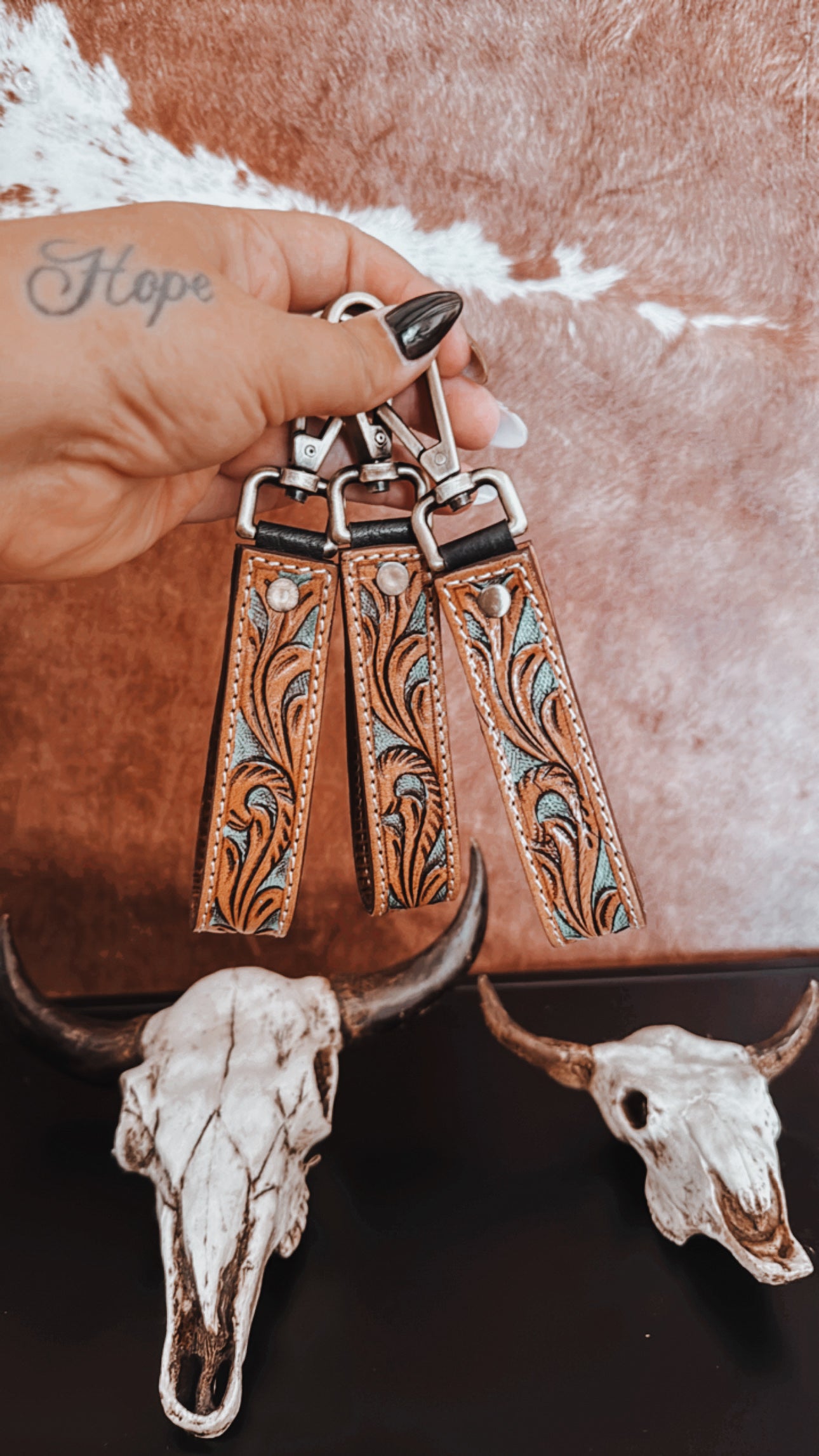 Turquoise Tooled Leather Keyring - The Western Boho Co