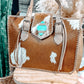 Beige Cross Stitch + Turquoise Gem Cowhide Tote