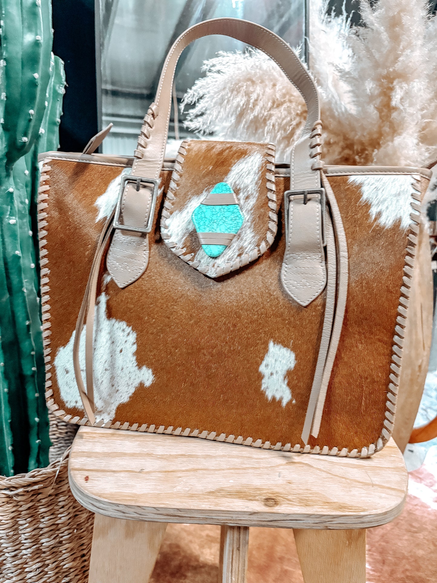 Beige Cross Stitch + Turquoise Gem Cowhide Tote