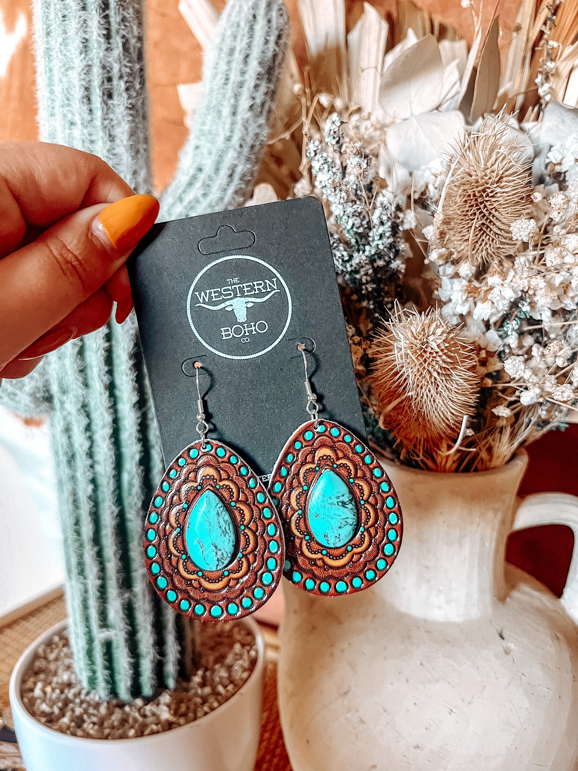 Turquoise + Faux Leather Teardrop Dangles - The Western Boho Co