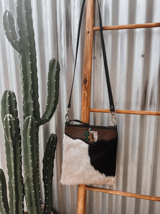 (Copy) Black Cowhide + Tooled Leather Steer/Sunflower/Cactus Crossbody Bag - The Western Boho Co