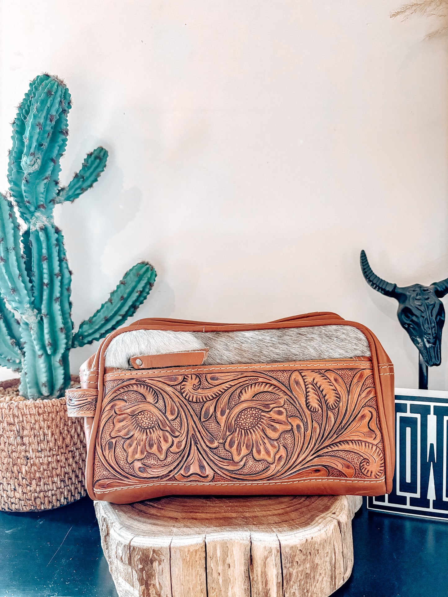 Tan Cowhide & Tooled Leather Toiletry / Makeup Bag