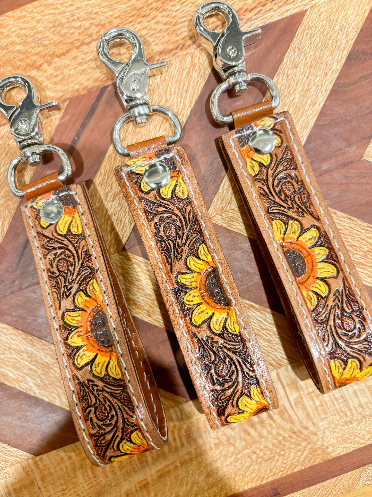 Sunflower Tooled Leather Keyring