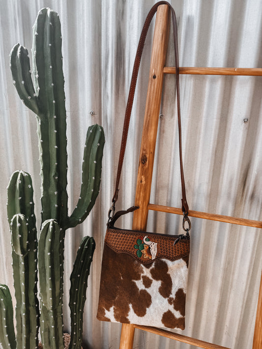 Tan Cowhide + Tooled Leather Steer/Sunflower/Cactus Crossbody Bag - The Western Boho Co