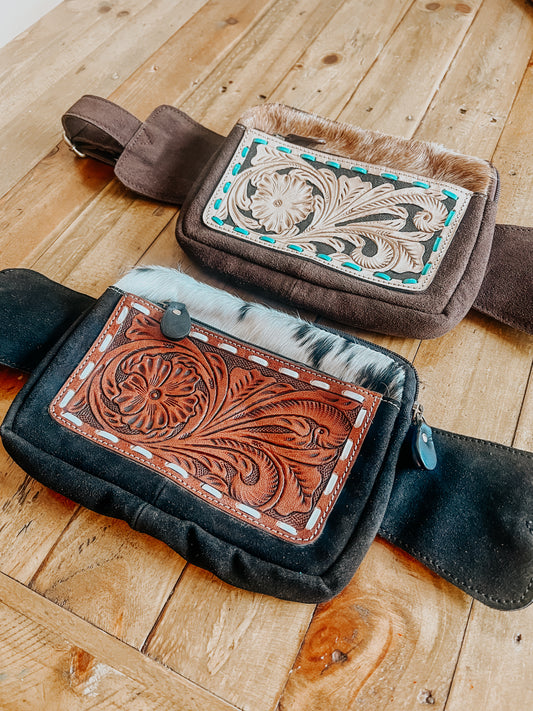 Suede + Cowhide Tooled Panel Waist Travel Bag - The Western Boho Co