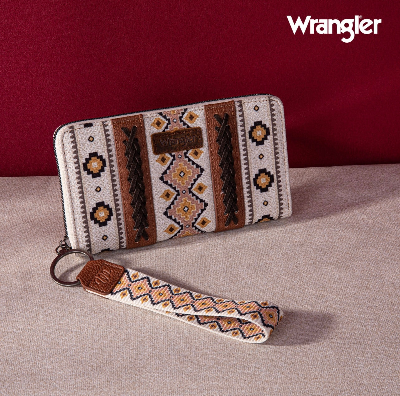 PRE ORDER White Wrangler Aztec Southwestern Pattern Canvas Wallet With Wristlet Strap - The Western Boho Co