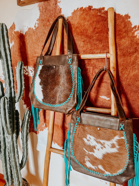 Brown + Cowhide Turquoise Cross Stitch Tote Bag - The Western Boho Co