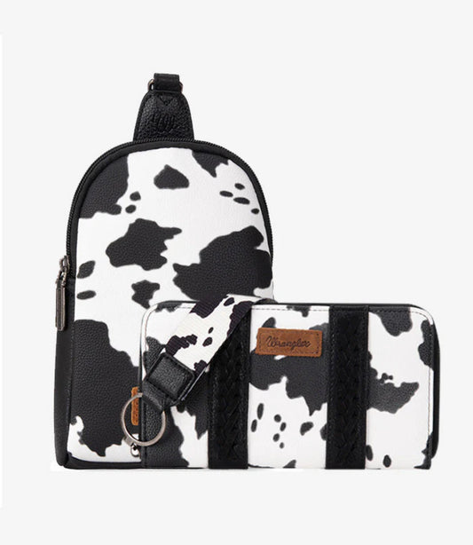 PRE ORDER Wrangler Cow Print Wallet + Sling Bag Pack - The Western Boho Co