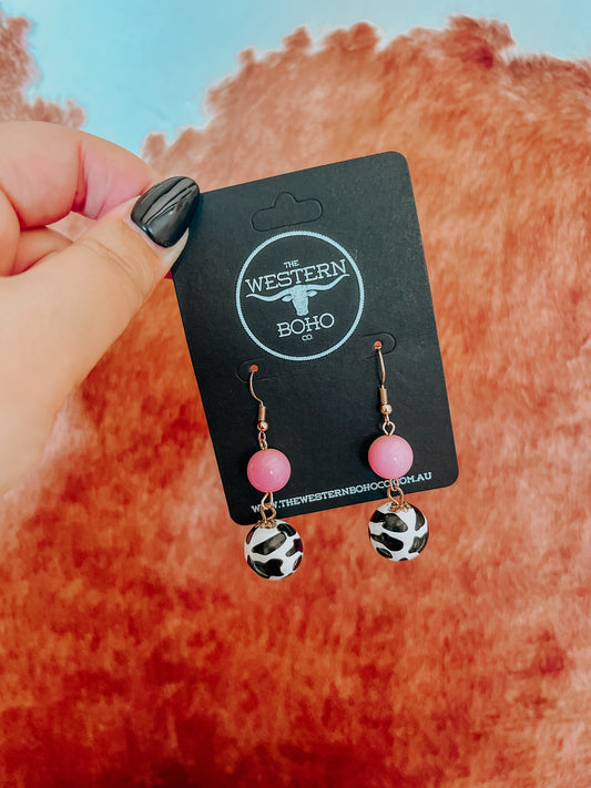 Pink + Cow Print Bauble Earrings - The Western Boho Co