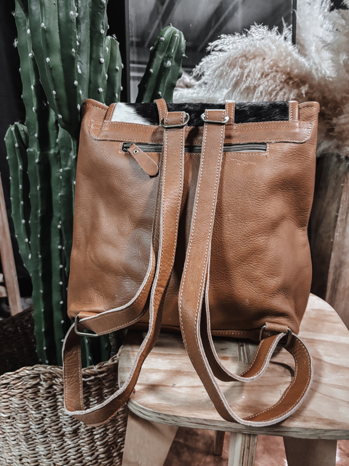 Tooled Leather + Cowhide Turquoise Concho Backpack