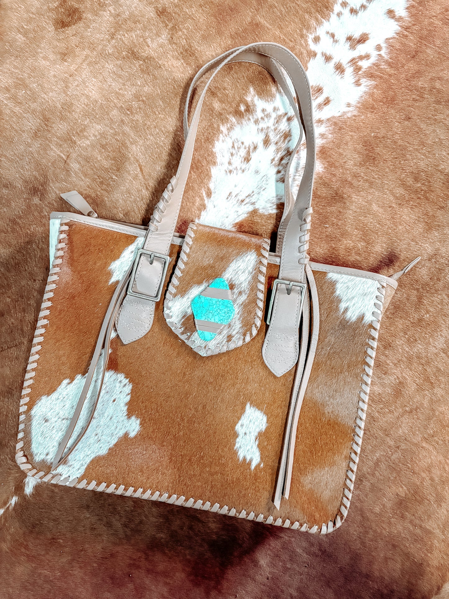 Beige Cross Stitch + Turquoise Gem Cowhide Tote