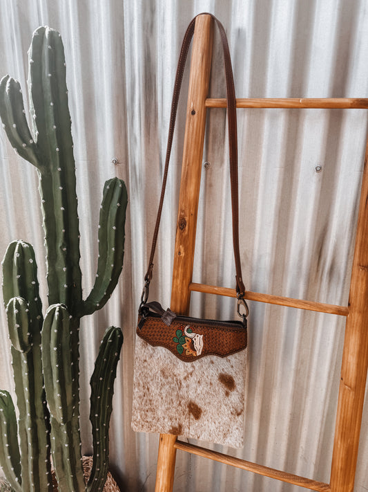 Tan Cowhide + Tooled Leather Steer/Sunflower/Cactus Crossbody Bag - The Western Boho Co