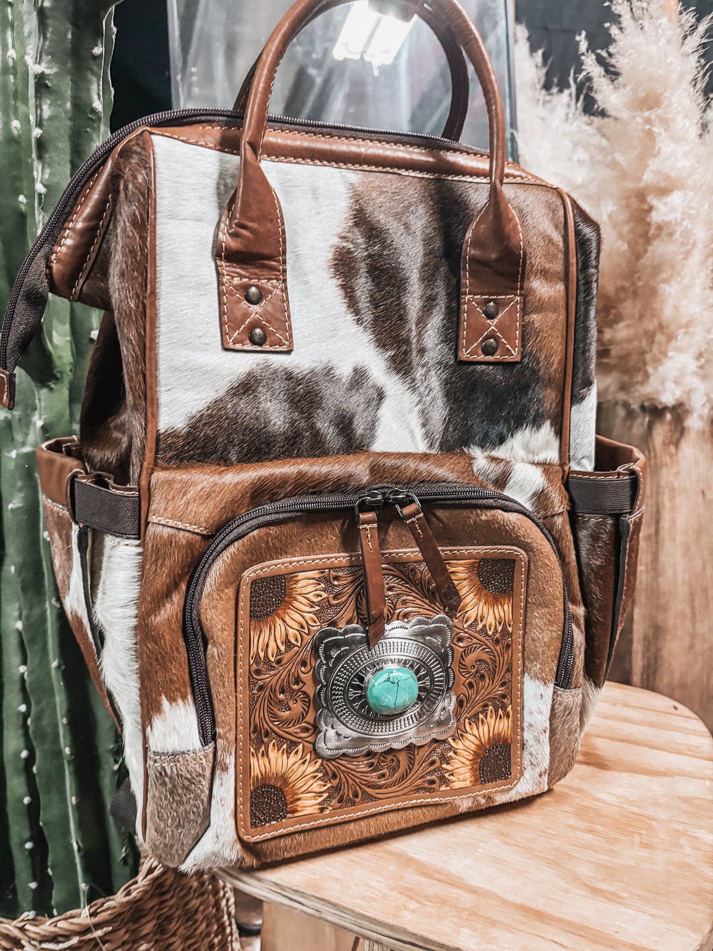 Tooled Leather + Cowhide Turquoise Concho Backpack/Nappy Bag