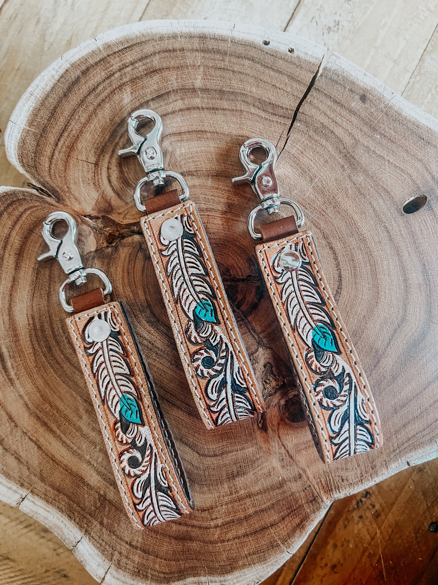 Western Feather Tooled Leather Keyring - The Western Boho Co