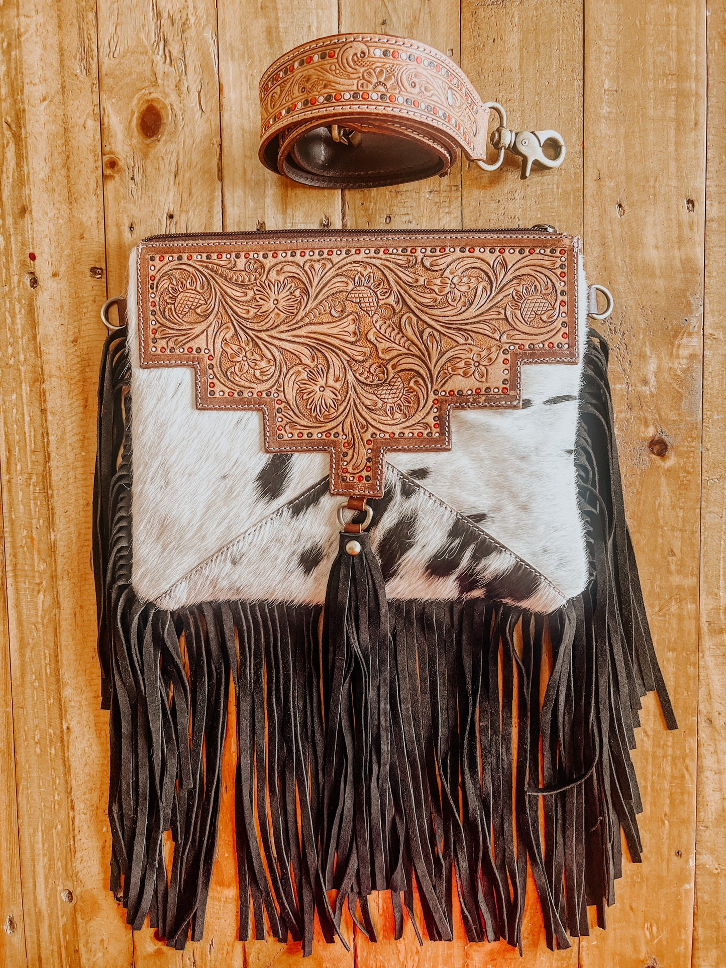 Black Cowhide Fringe Tassel W/Speckle Detail Bag | The Western Boho Co