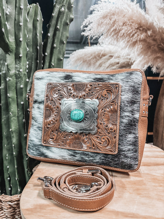 Rectangle Cowhide Silver Concho W/Turquoise Stone Crossbody Bag