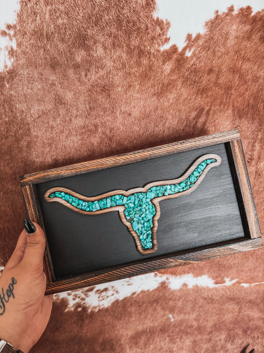 Wooden + Turquoise Stone Bull Hardwood Timber Sign - The Western Boho Co