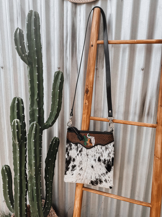 Black Cowhide + Tooled Leather Steer/Sunflower/Cactus Crossbody Bag - The Western Boho Co