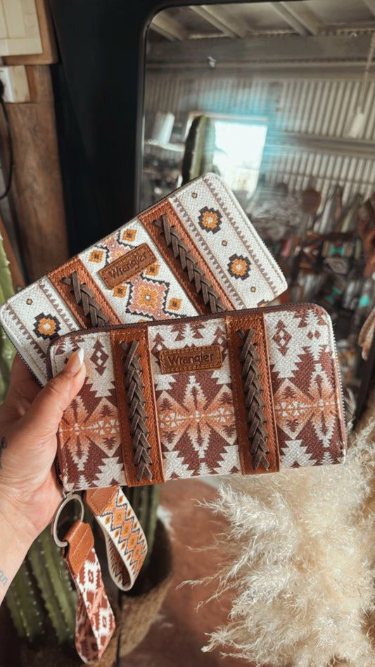 White Wrangler Aztec Southwestern Pattern Canvas Wallet With Wristlet Strap - The Western Boho Co