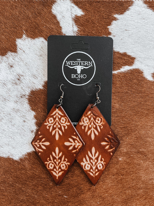 Tooled Large Leather Dangle Earrings - The Western Boho Co